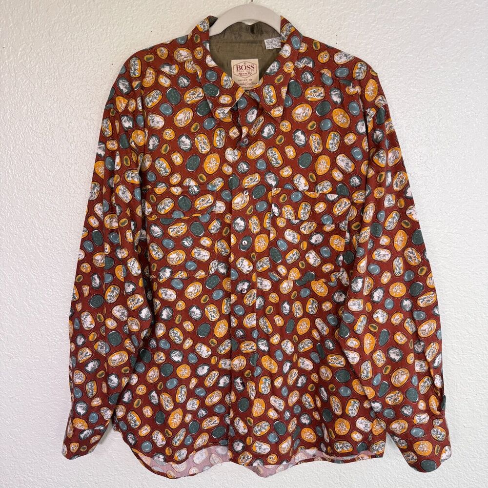 Vintage Hugo Boss Shirt Mens 17.5 Button Up Roman Art Print Camp 70s 80s Retro - Picture 2 of 10